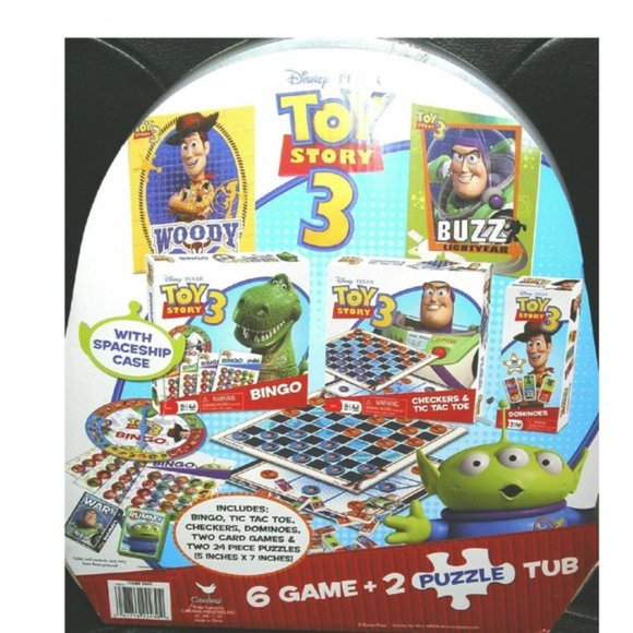 TOY STORY Game + 2 Puzzle Tub Spaceship Case Checkers Bingo Dominoes NEW - Picture 2 of 2